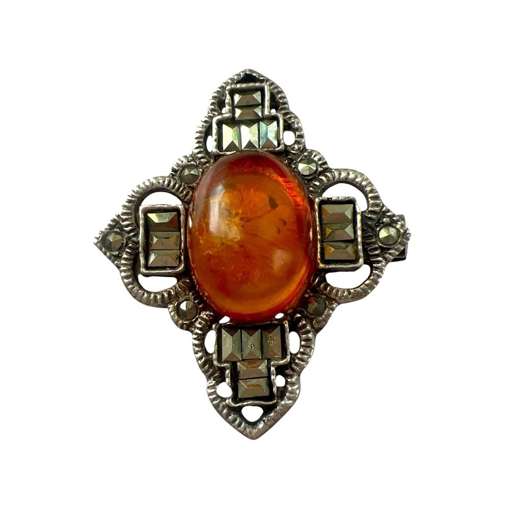 CHARLES WINSTON Sterling Silver Vintage Real Amber & Marcasite Cross Pin Pendant